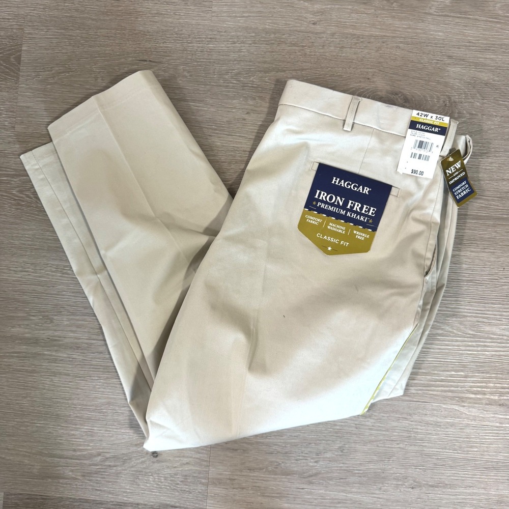 NWT Haggar Premium Pants Mens 42x30 Sand Iron‎ Free Classic Fit Stretch Twill